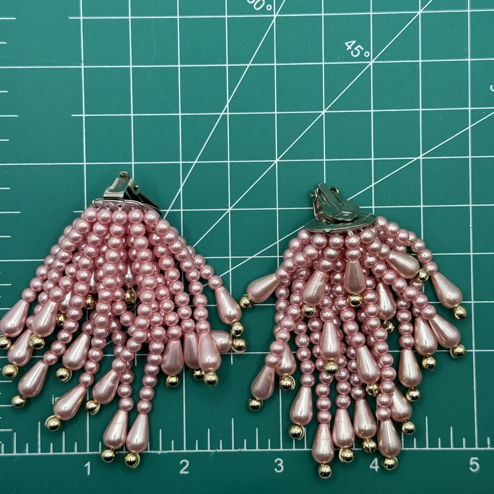 Pink Goldtone Beaded Silvertone Back Clipon Earrings