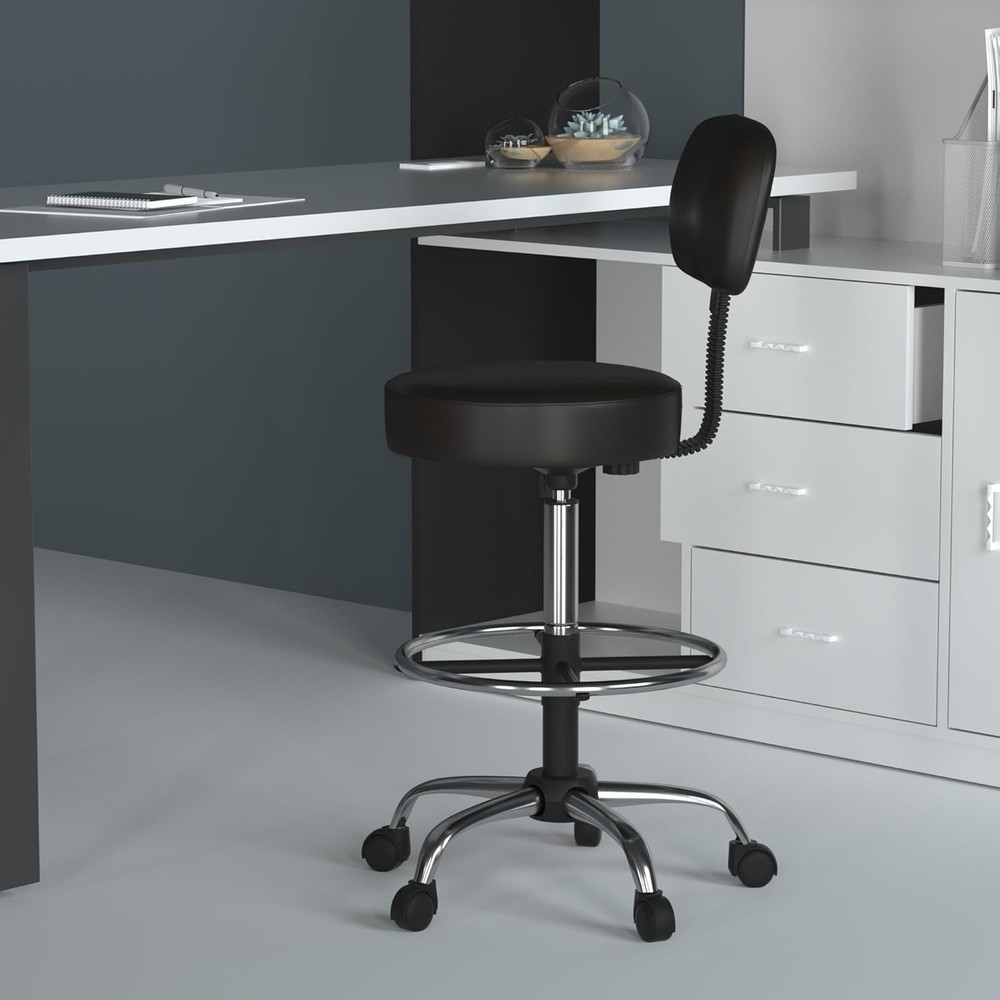 Durable Black Vinyl Drafting Stool with Adjustable Height & Plush Back Support