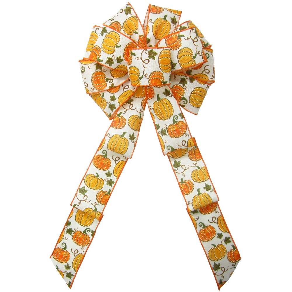 Wired Dotted Fall Pumpkins on Ivory Bows - Thanksgiving Bows for Decorating
