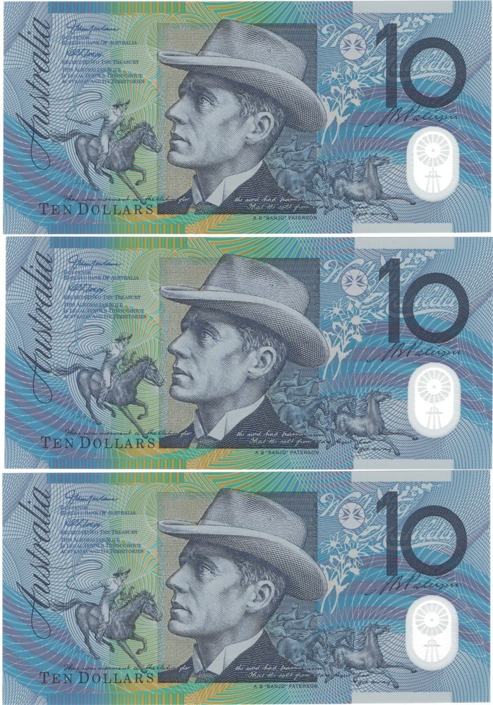 2003 Australia $ 10 Consecutive Pair Banknote - AA03 Prefix R320bF - UNC # 35214