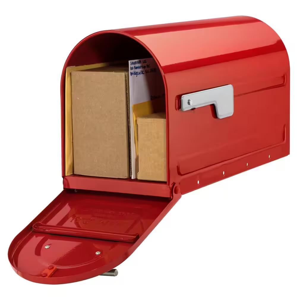 Boulder Red, Large, Steel, Post Mount Mailbox with Silver Handle and Flag