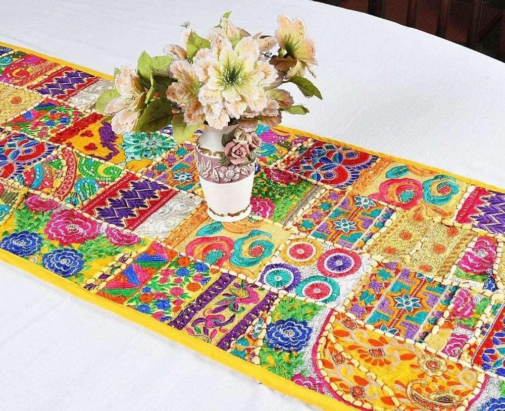 Indian Cotton Patchwork Table Runner Embroidered Dining Table Tapestry 152X45 cm