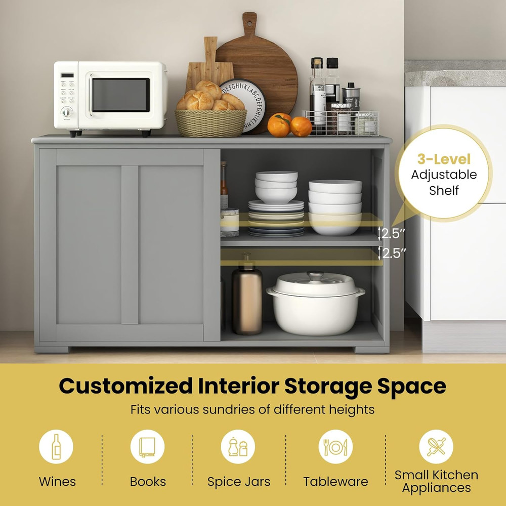 Grey Buffet Cabinet with Storage, Sliding Door & Adjustable Shelves