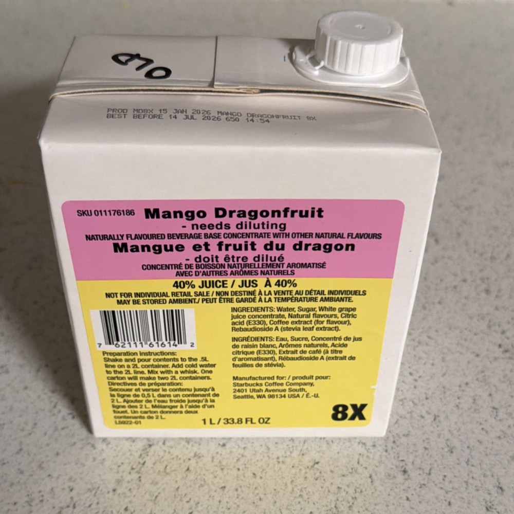 1 box  Starbucks Mango Dragonfruit Refresher Base. OLD RECIPE.