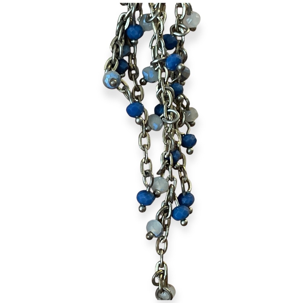 Long Silver Tone Chandelier Pendant | Blue Beaded Dangle Statement Charm