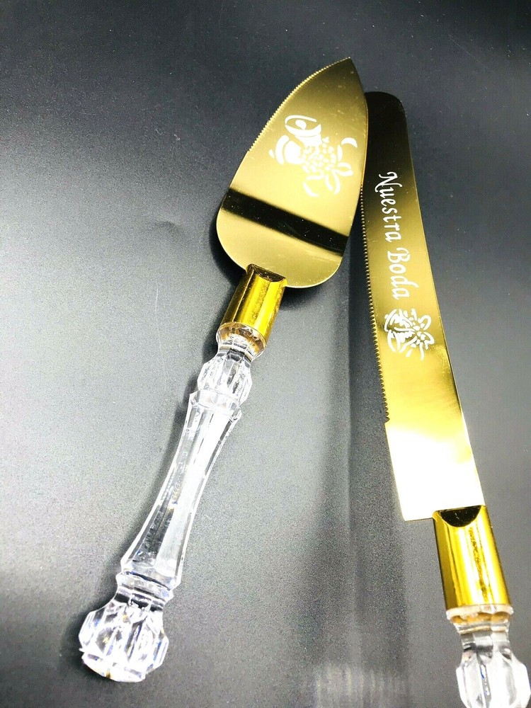Wedding Cake Knife and Server Set, Cutting Set - Modern Gold Nuestra Boda
