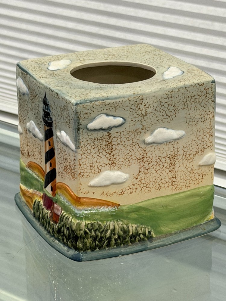 Lighthouse Tissue Box Cover Ceramic 3D Beach Nautical Coastal