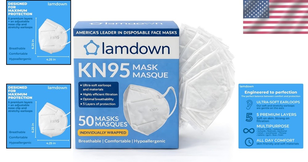 50-Pack KN95 Face Masks, 5-Layer Protection, Individually Wrapped