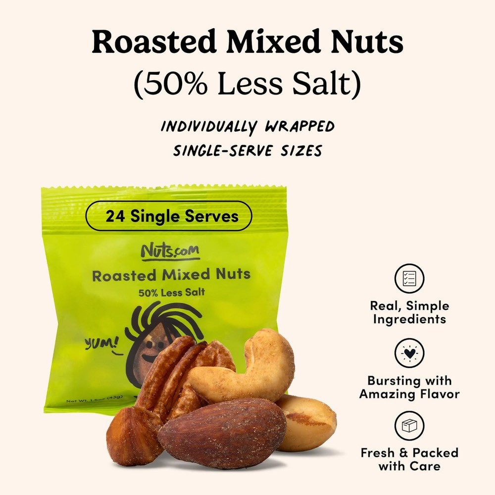 Nuts.com Roasted Mixed Nuts (50% Less Salt) – 24 Single Serve (24 Pack)
