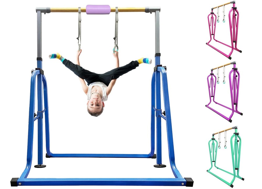 Foldable & Moveable Gymnastics Horizontal Bar with Rings,3’to 5’Adju