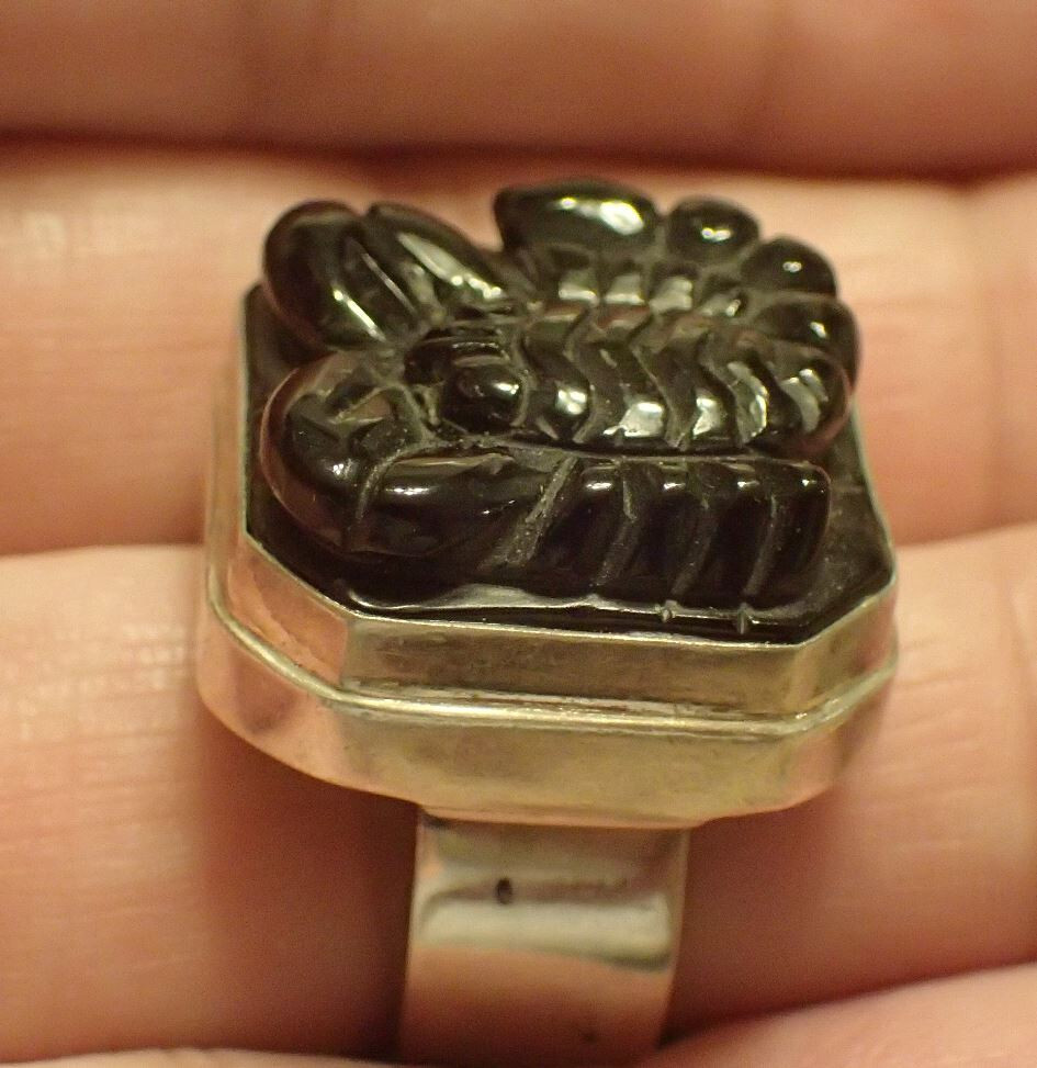 Carved Onyx Scorpion Sterling Silver Ring. Adjustable