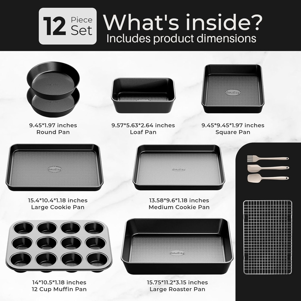 12-Piece Nonstick Bakeware Set, Stackable Non Toxic Baking Pans Set with Rack &