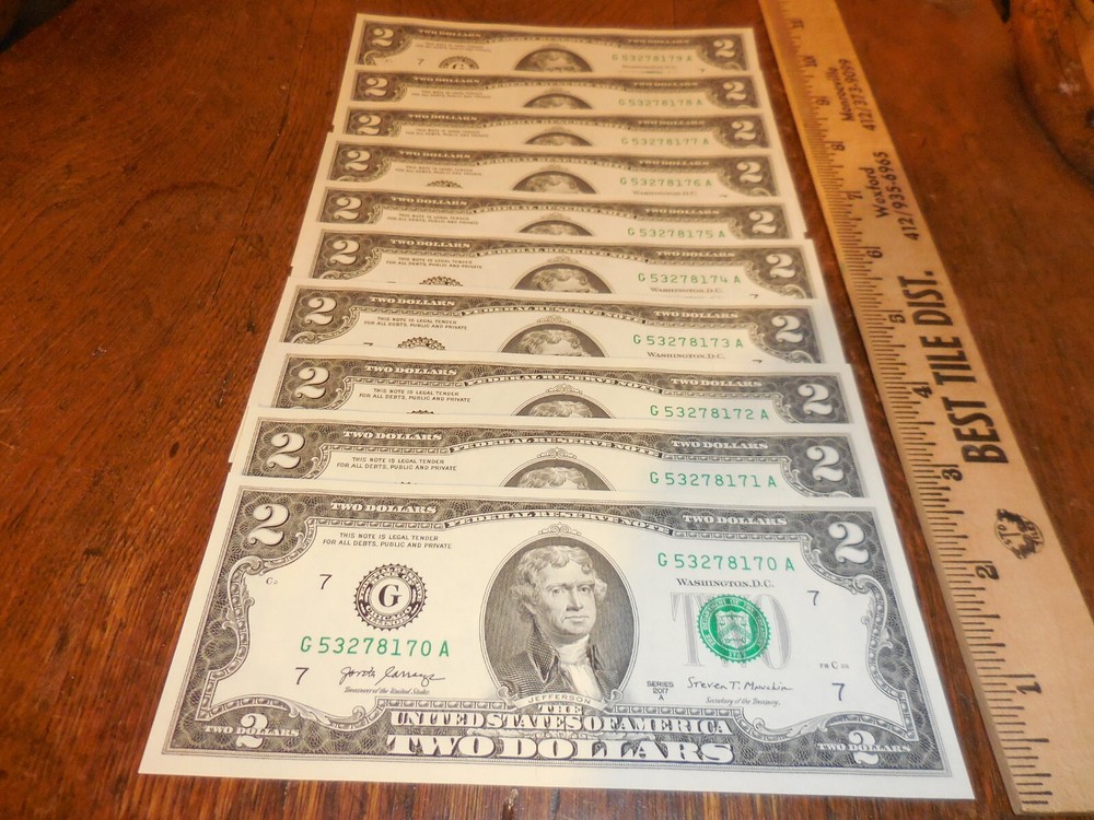 10 Consecutive U.S. $2 DOLLAR BILLS Uncirculated 2017A~G53278170-79A
