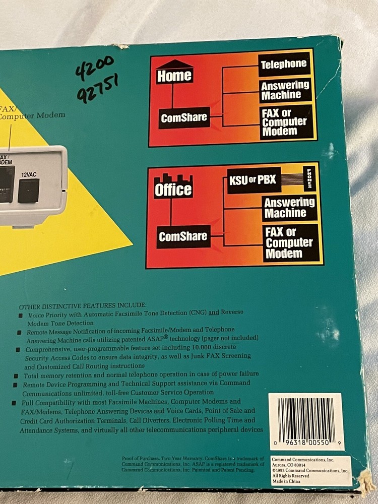 Command Communications Comshare 550 Telephone Line Sharing Device 1993 Vintage