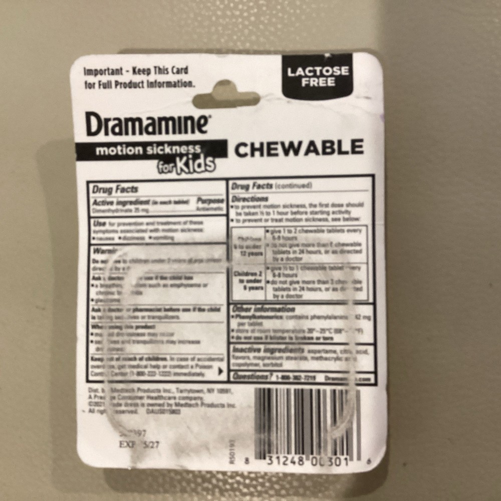 Dramamine Kids Chewable, Motion Sickness Relief, Grape Flavor, 8 Count