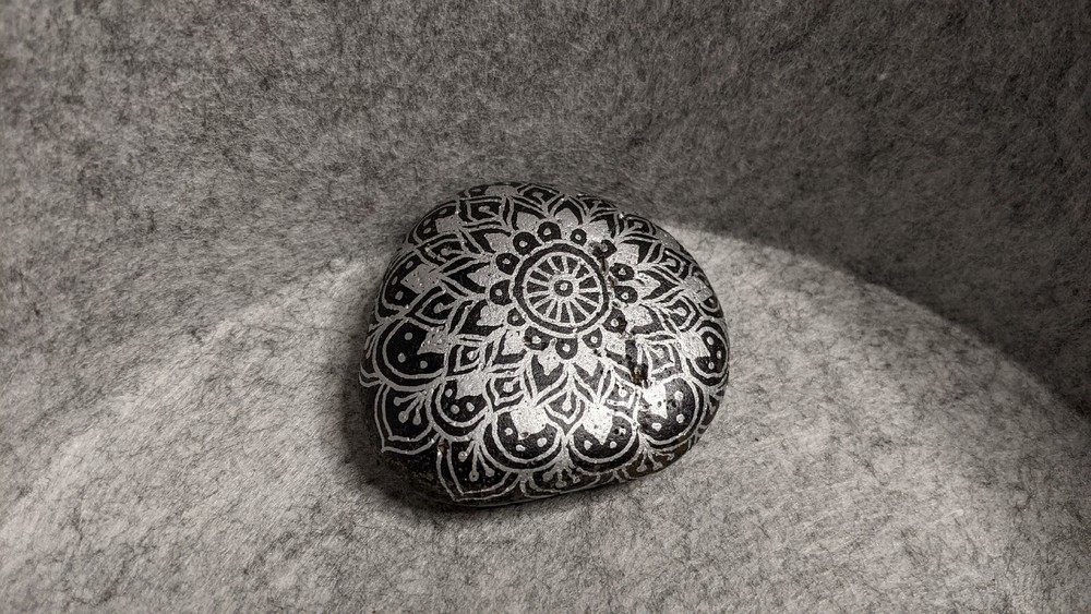 Hand Painted Rock / Stone - mandala silver black gray line design