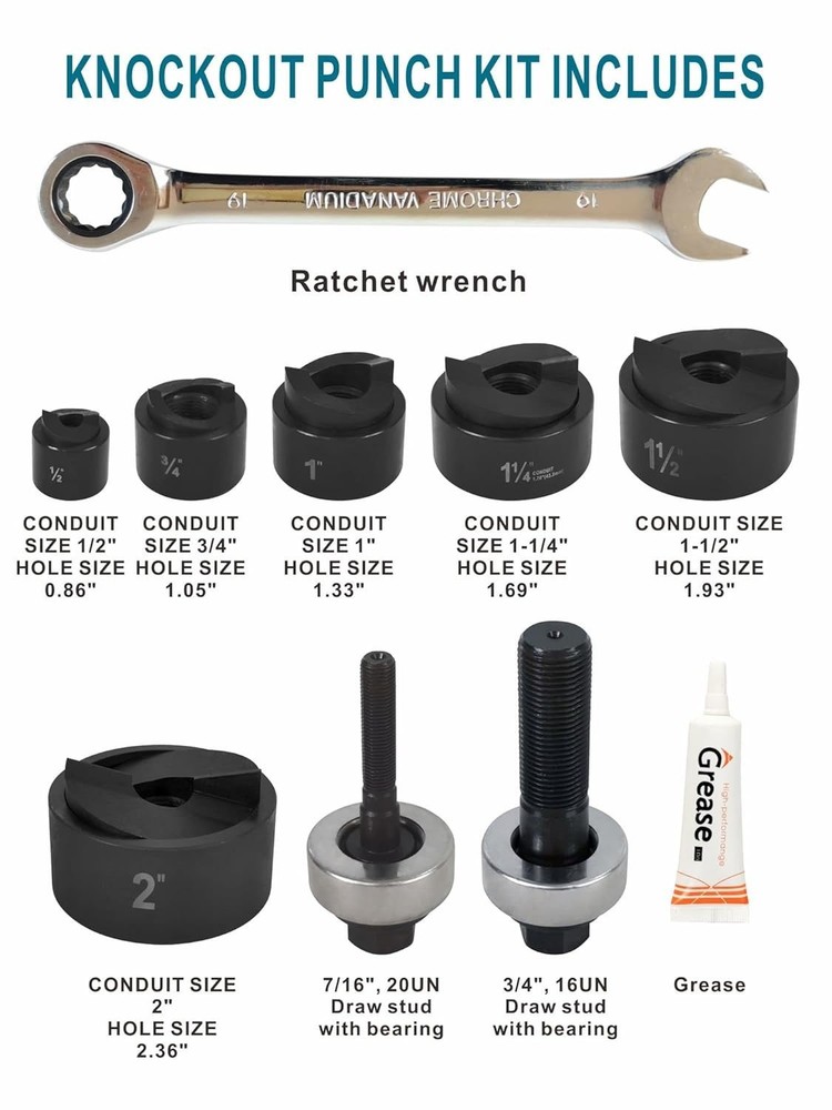 Manual Knockout Punch Kit 1/2"–2" Electrical Conduit Hole Cutter