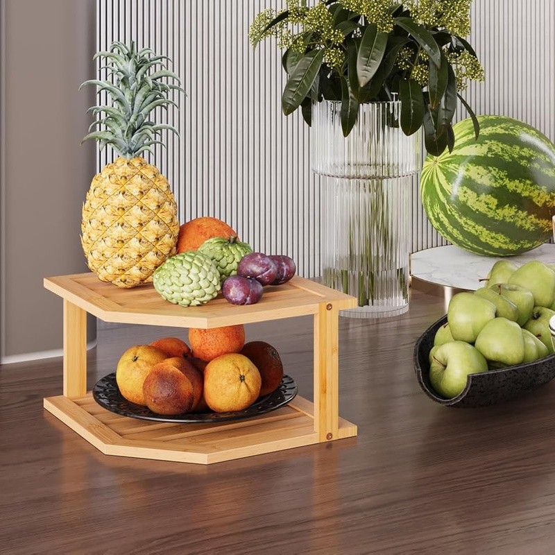 Bamboo Plate Organizer Adjustable Kitchen Corner Shelf Durable Dish Rack Storage