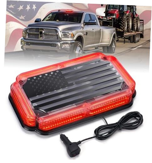 108 LED Roof Top Strobe Light, US Flag Pattern Firefighter Flashing Light, Red