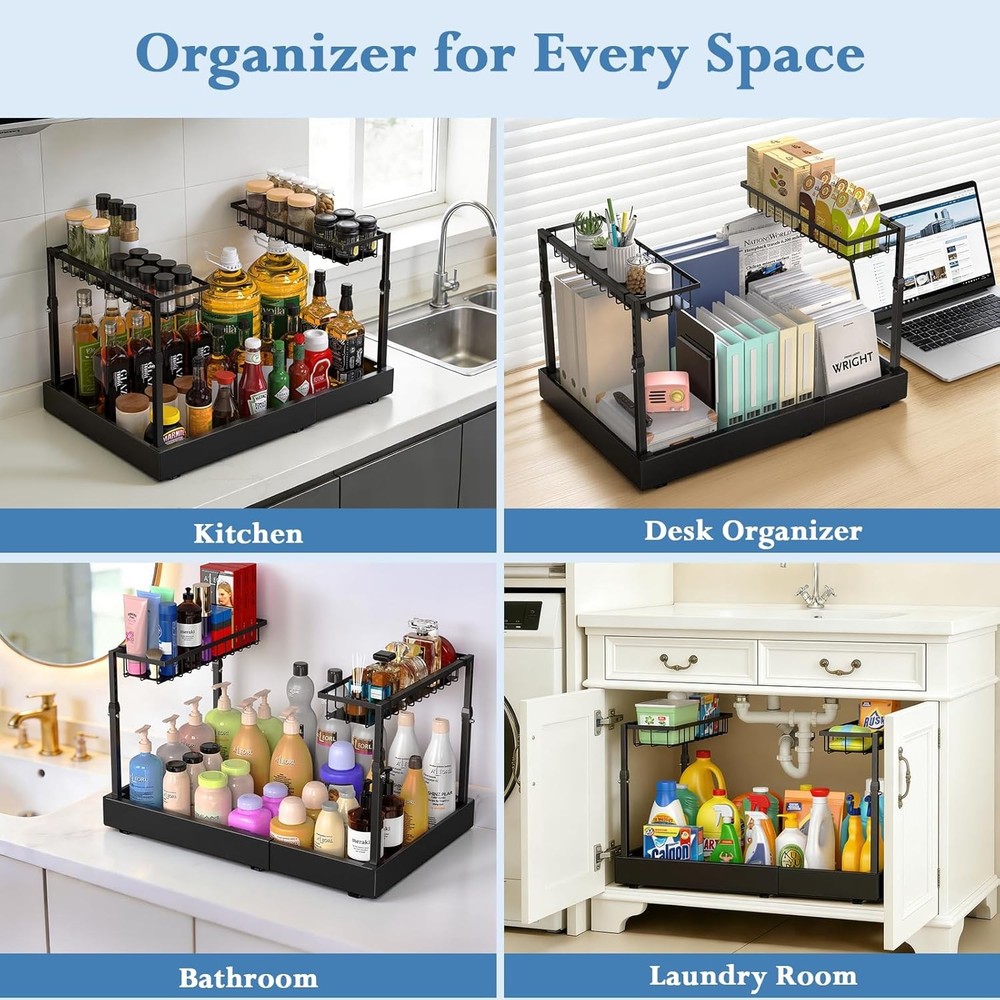 Under Sink Organizer 2 Tier Under the Sink Storage Expandable Adjustable Slide