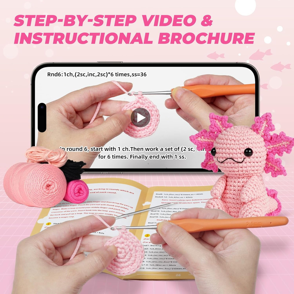 Beginner Crochet Kit – Axolotl Crochet Animal Set + Video Tutorials