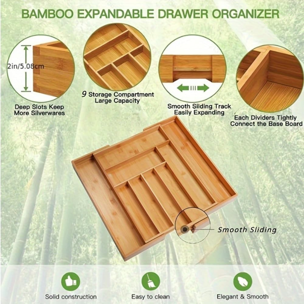 Bamboo Kitchen Drawer Organizer: Expandable Tray, Adjustable Natural