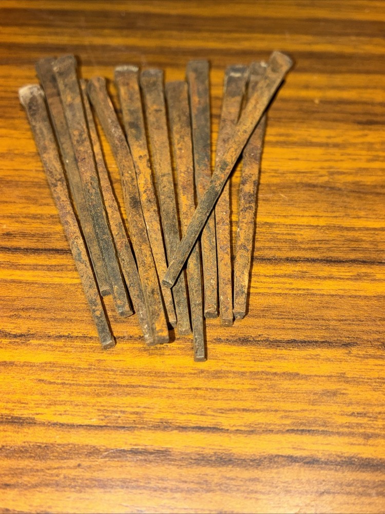 12 Antique 3” Wrought Iron Rectangular Flat ￼Head Hand Forged Barn Nails Early