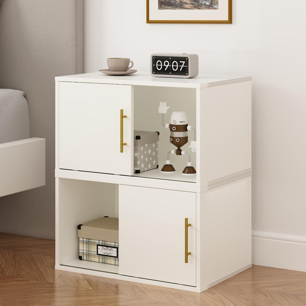 White Nightstand with Sliding Door, 2 Pcs Stackable Cubby Storage Organizers, Wo
