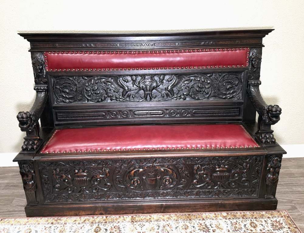 French Antique Renaissance Carved Walnut Bench w/ Storage
