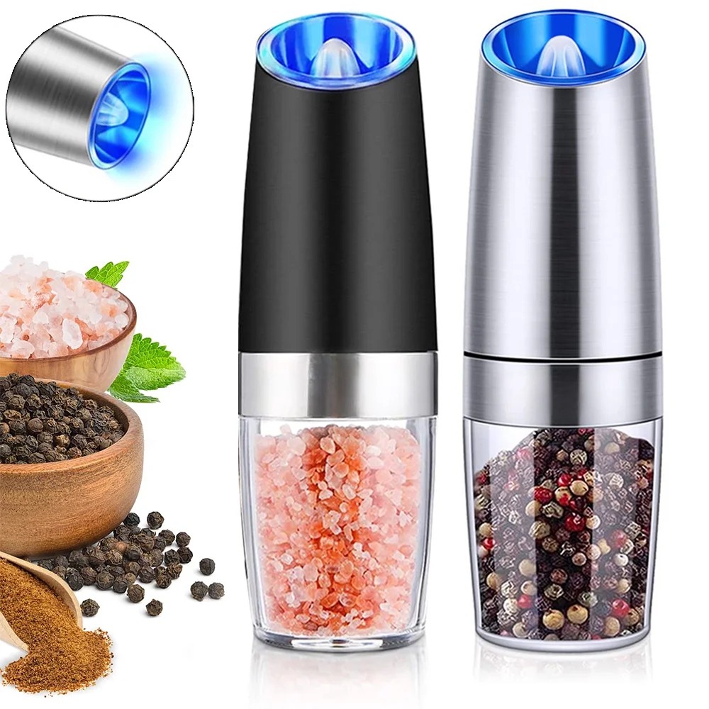 2 Pack Gravity Electric Salt and Pepper Grinder Mill Shaker Adjustable Automatic