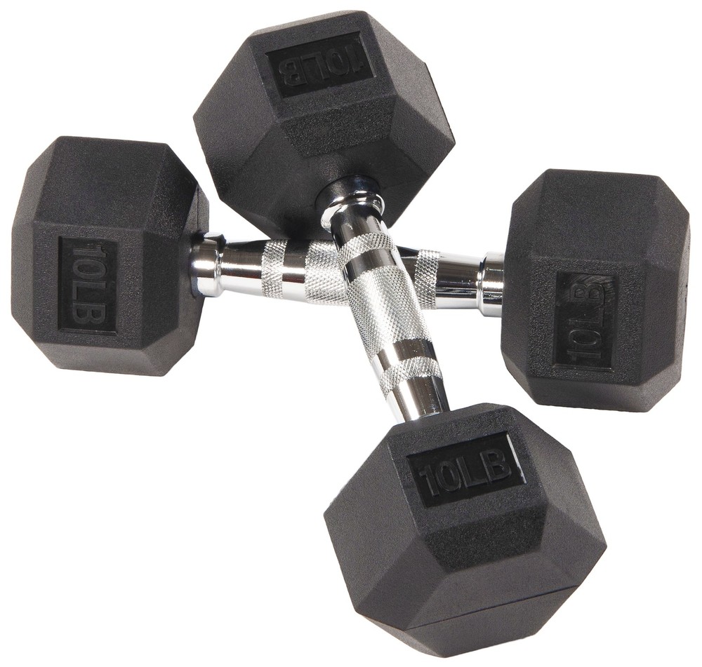 Rubber Encased Hex Dumbbells, 10 lbs Pair, Black