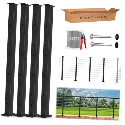 One-Stop Cable Railing Post Kit, 4 Pack Fixed Top 36" 1 Level Posts Kit- 4 Pack