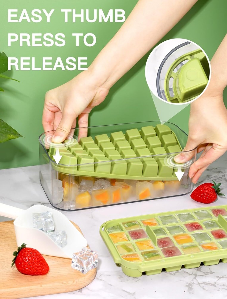 2 Pack Ice Cube Trays with Lid & Bin 64 Ice Cubes for Freezer Storage