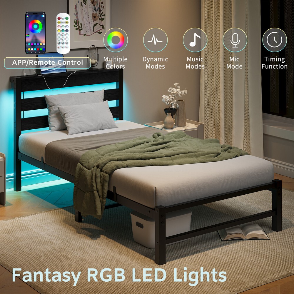 Twin Size Bed Frame Metal Platform Bed with LED Light & Charging Station US