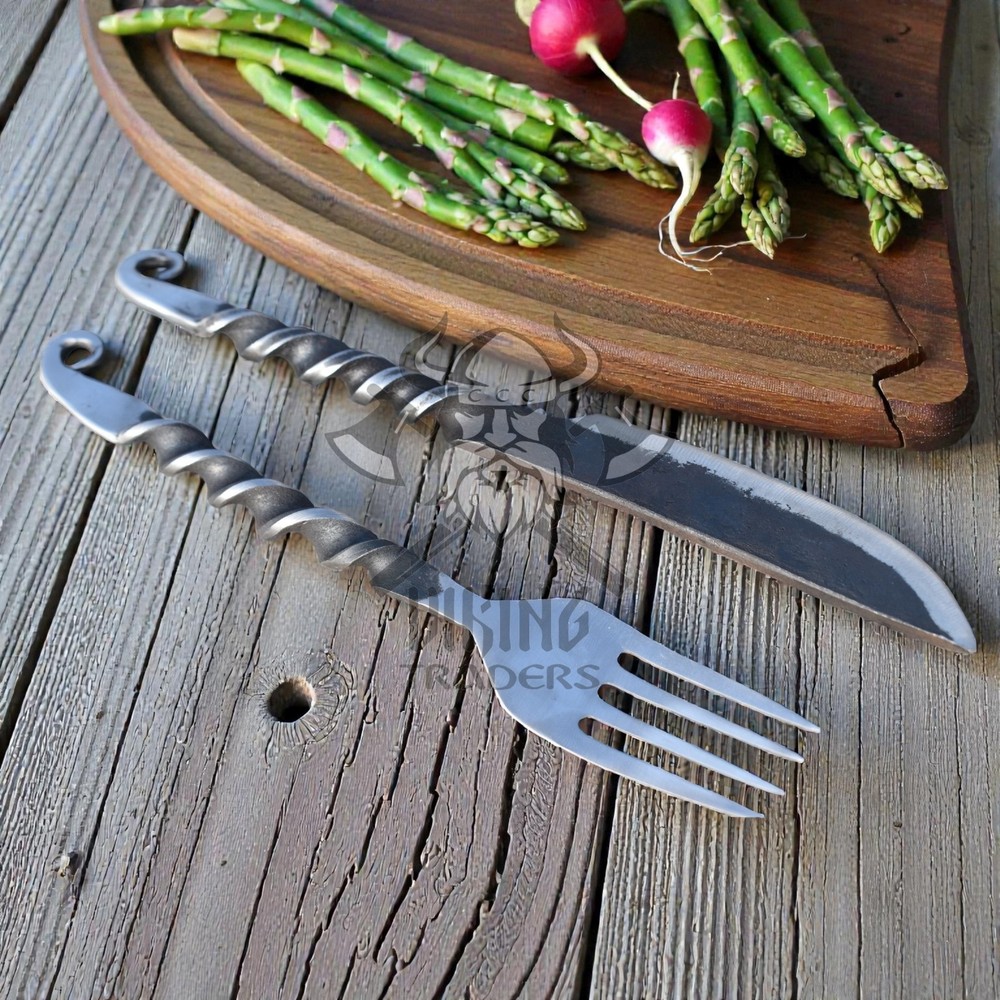 Hand Forged Medieval Iron Knife & Fork Set – Rustic Dining Cutlery