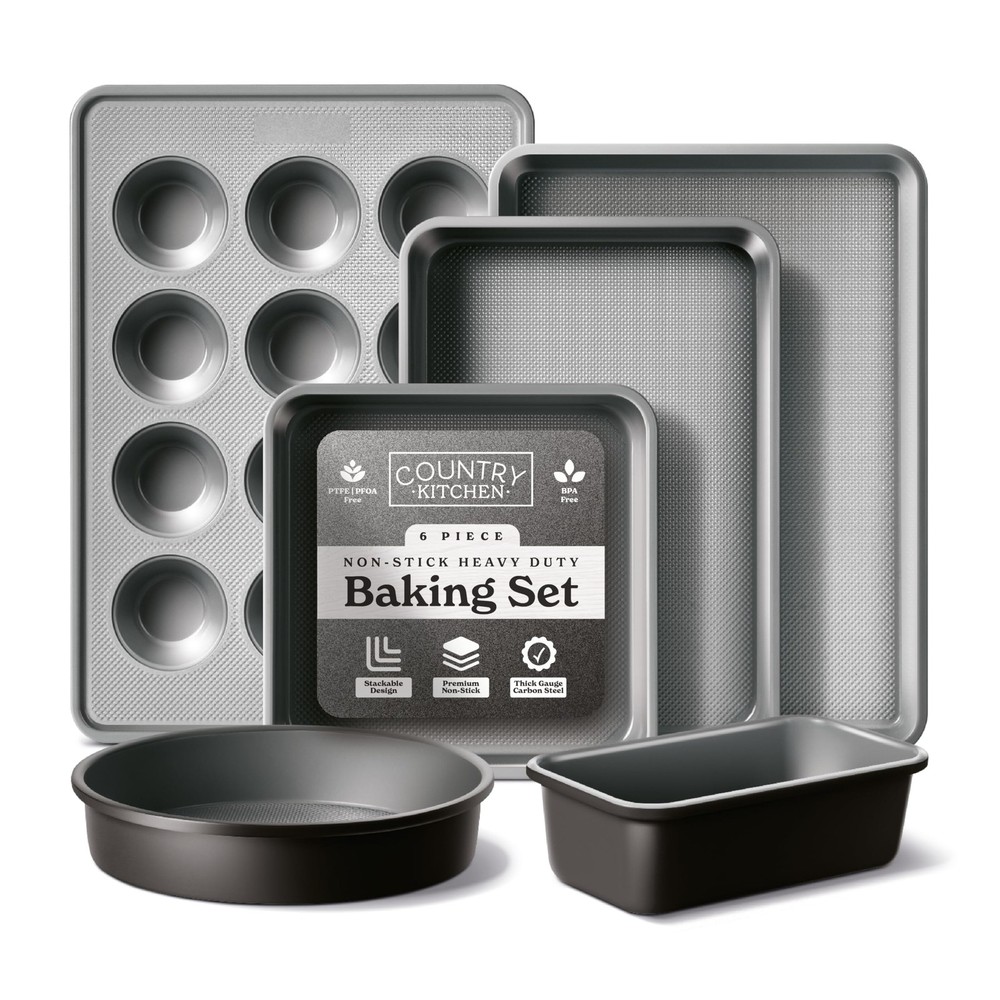 Country Kitchen Nonstick Stackable Bakeware Set - Durable, Easy 6 Pcs, Black