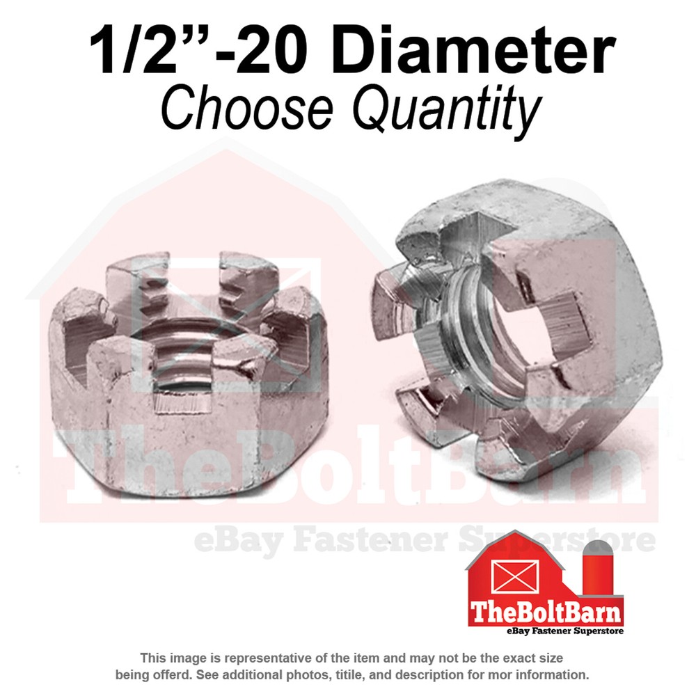 1/2"-20 Low Carbon Steel Slotted Hex Nuts Plain Fine Thread (Pick Quantity)
