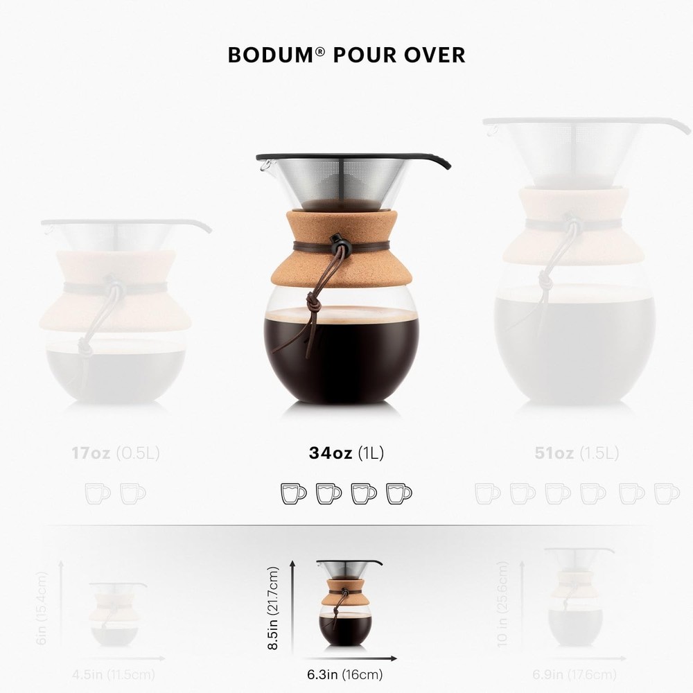 34oz Pour Over Coffee Maker - Elegant Borosilicate Glass & Permanent Filter