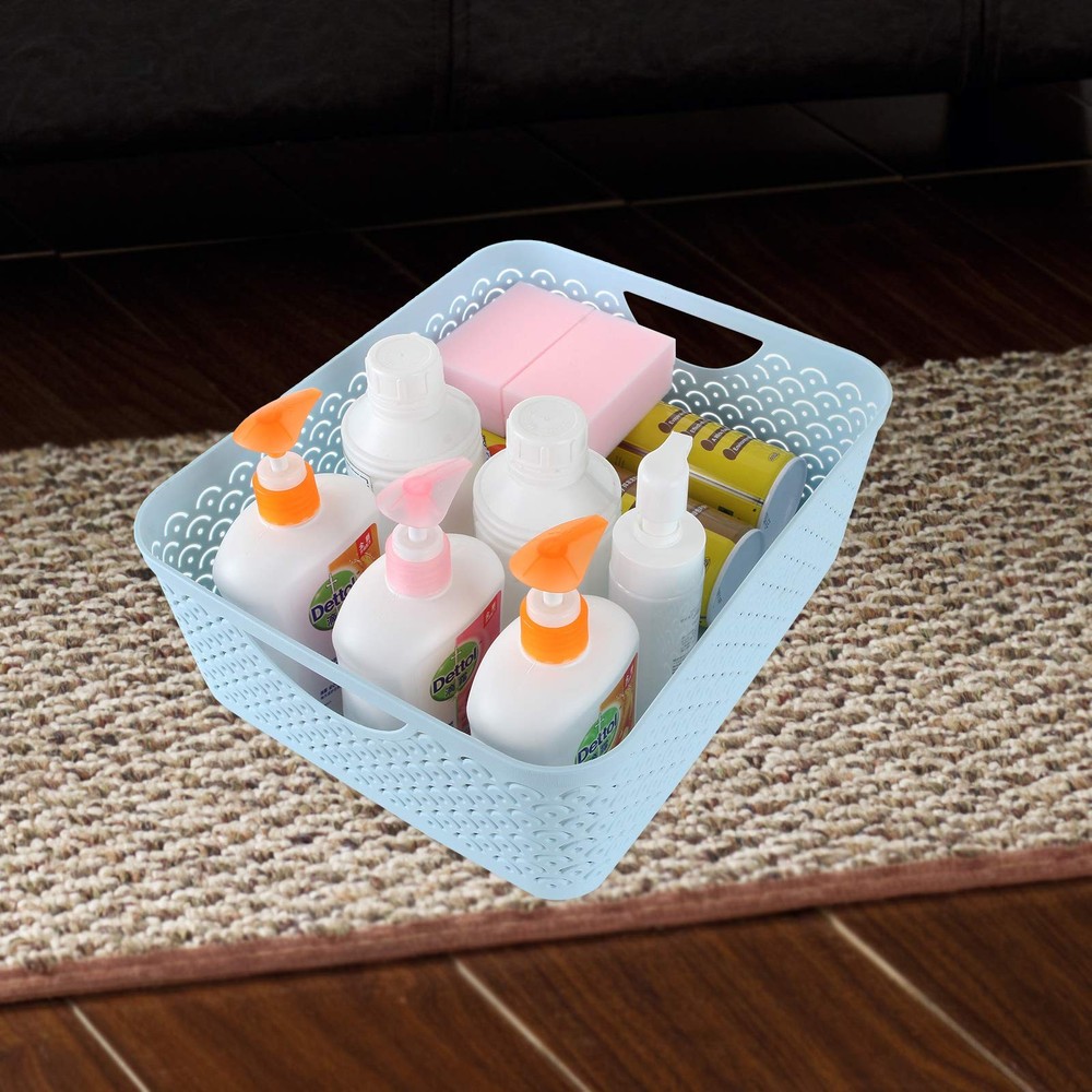 3 Pack Plastic Storage Baskets with Handles, Wavy Fish Scale Pattern Hollow D...