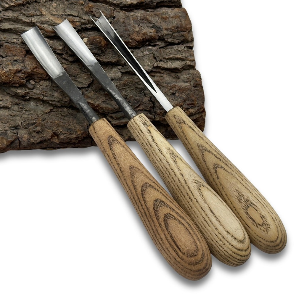 Wood Carving Tool Set 3-Piece – 52100 Steel Blade, Ash Handle, V-Chisel & Gouges