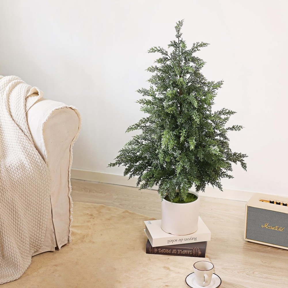 3FT Real Touch Cedar Topiary Trees for Front Porch Decor, Artificial Shrubs F...