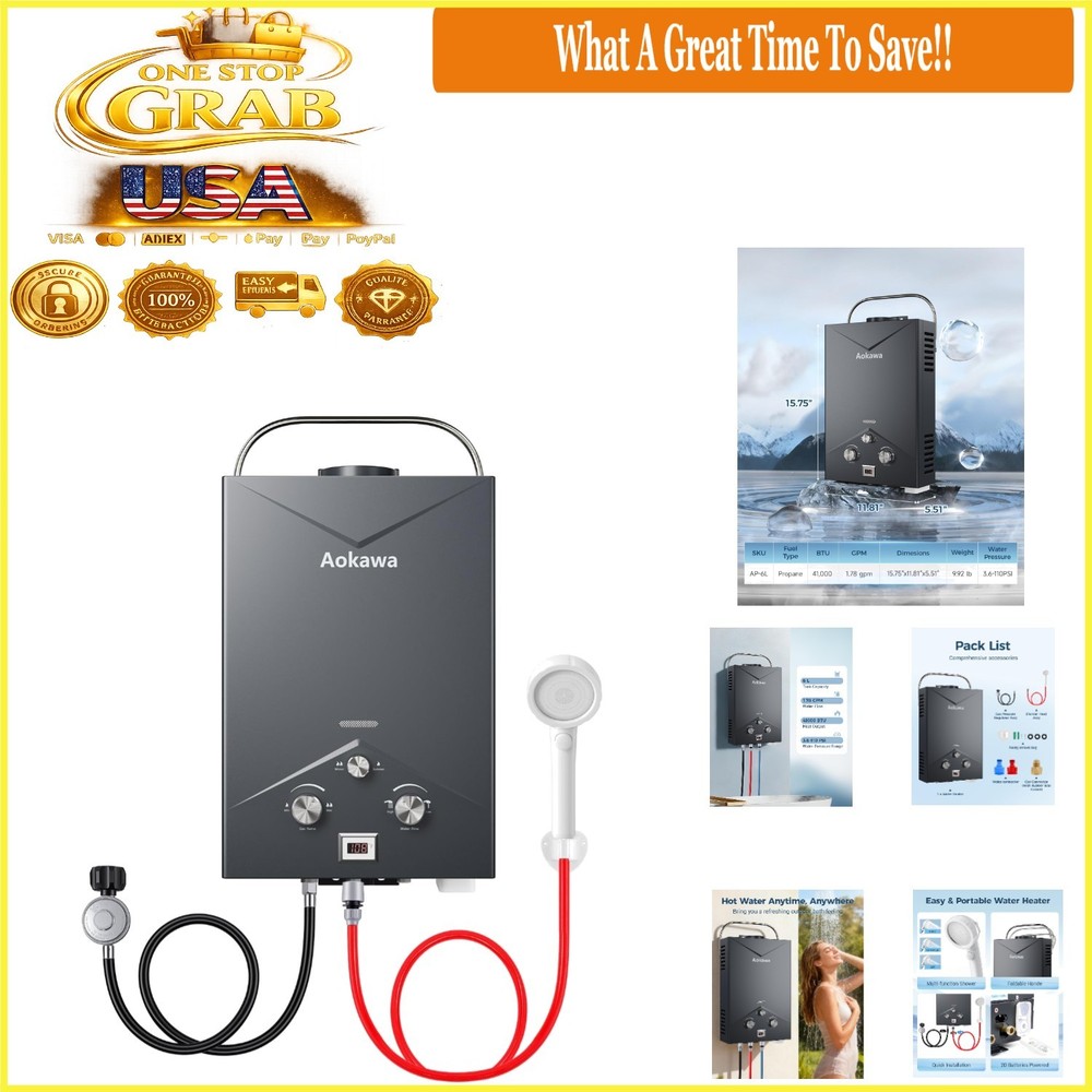 Portable Propane Water Heater 6L 1.78 GPM Outdoor RV Camping Shower Kit
