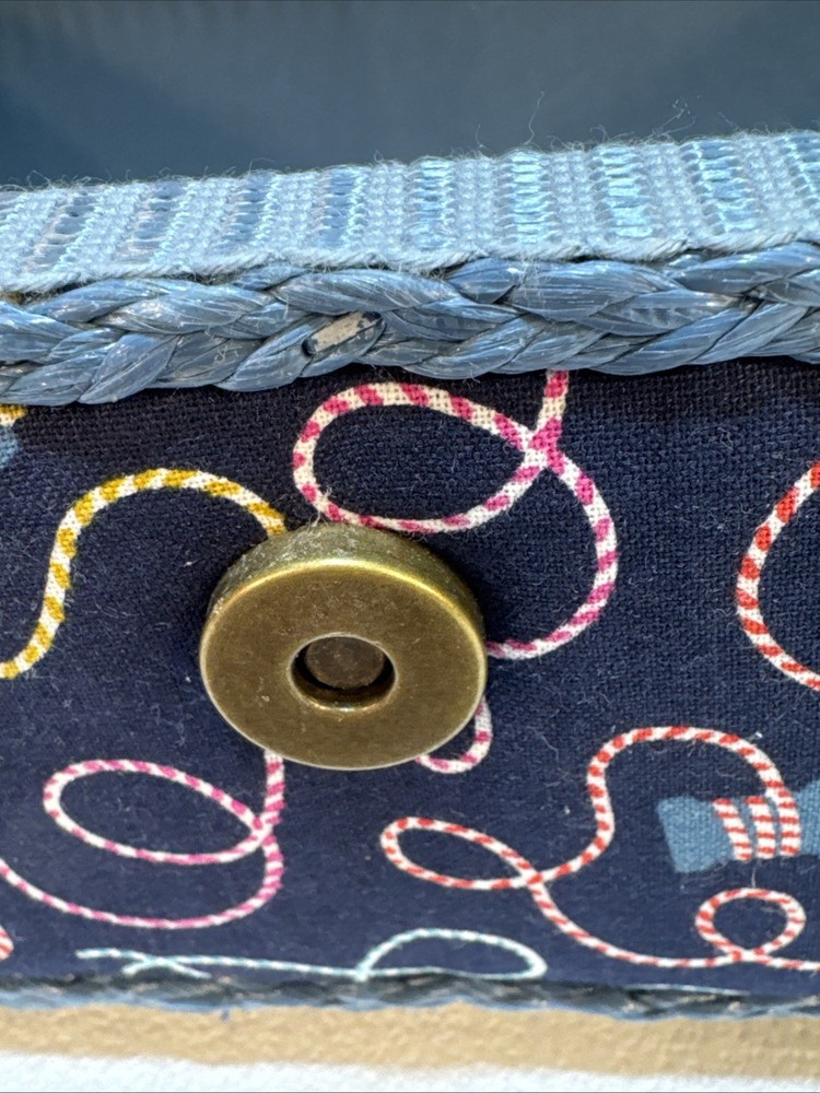 Sewing Basket Box Blue Fabric Plastic Woven Handle