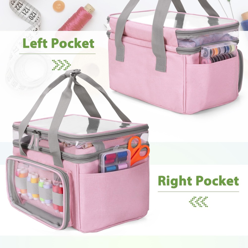Pink Double-Layer Sewing Storage Organizer Bag Transparent Compartment Divider