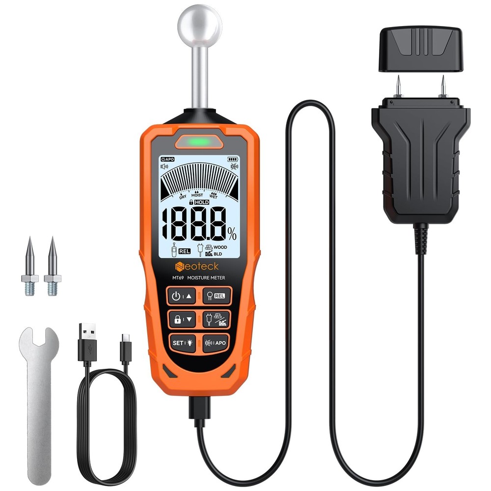 Neoteck 2-in-1 Dual Probe Moisture Meter 40mm Spherical Moisture Reader & ±