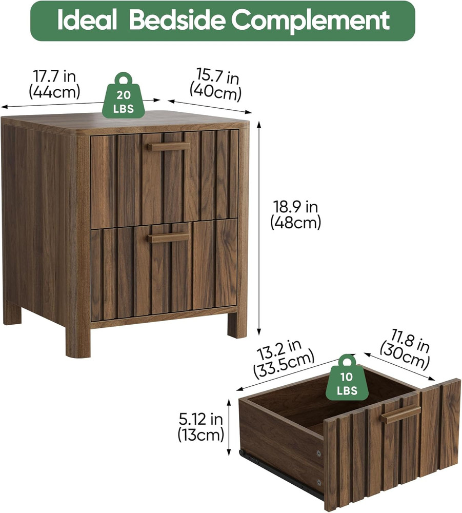 Walnut Fluted Mid Century Nightstand with Seamless Drawer and Solid Wood Handle