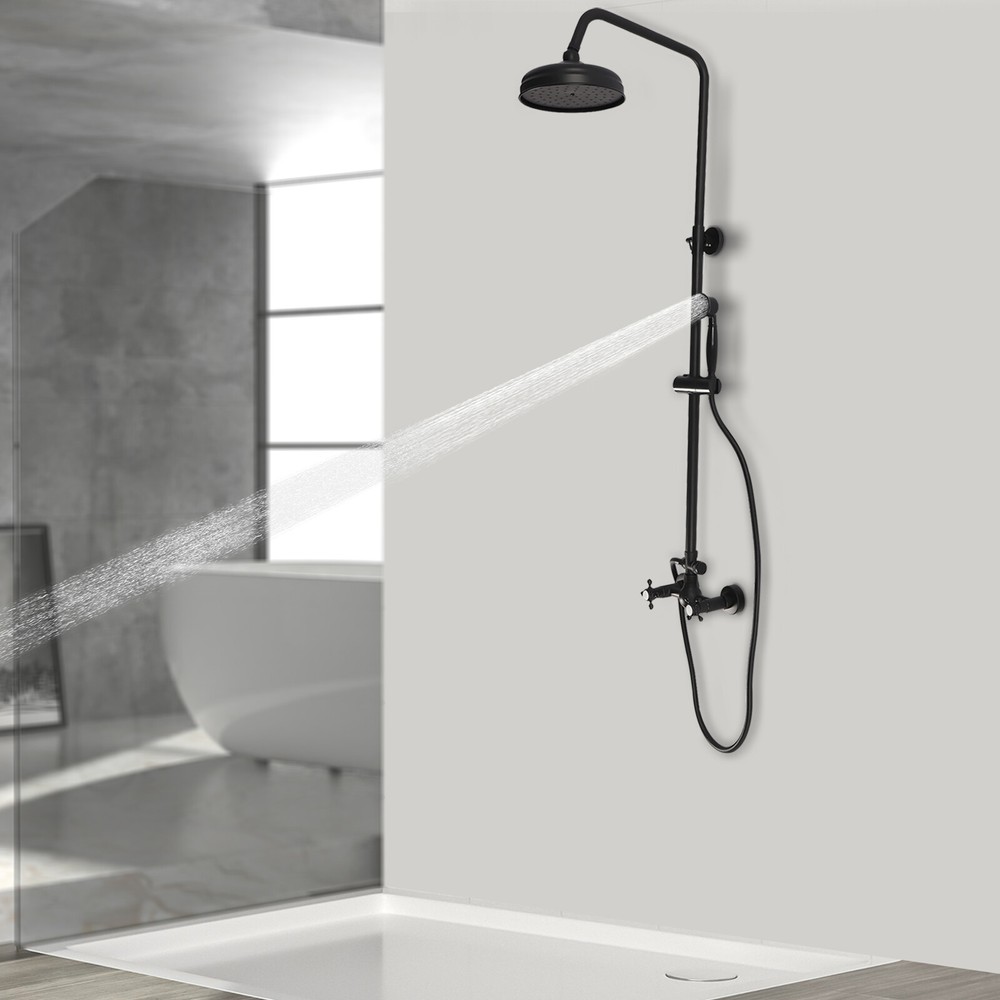 59" Wall Mount Matte Black Shower Faucet Set Hand Shower Double Knobs Unit