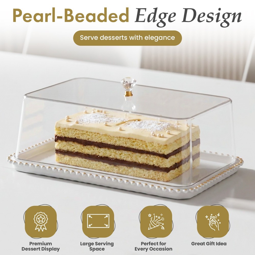 New Basicwise Plastic Cake Stand with Clear Flat-Top Cover and Gold Handles