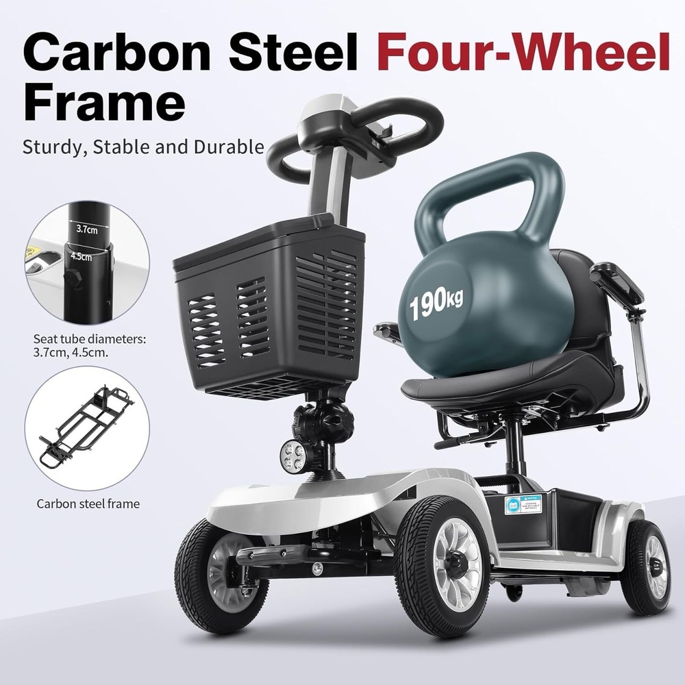 Foldable 4-Wheeled Mobility Scooter Removable Battery 418lbs 12AH Black Silver