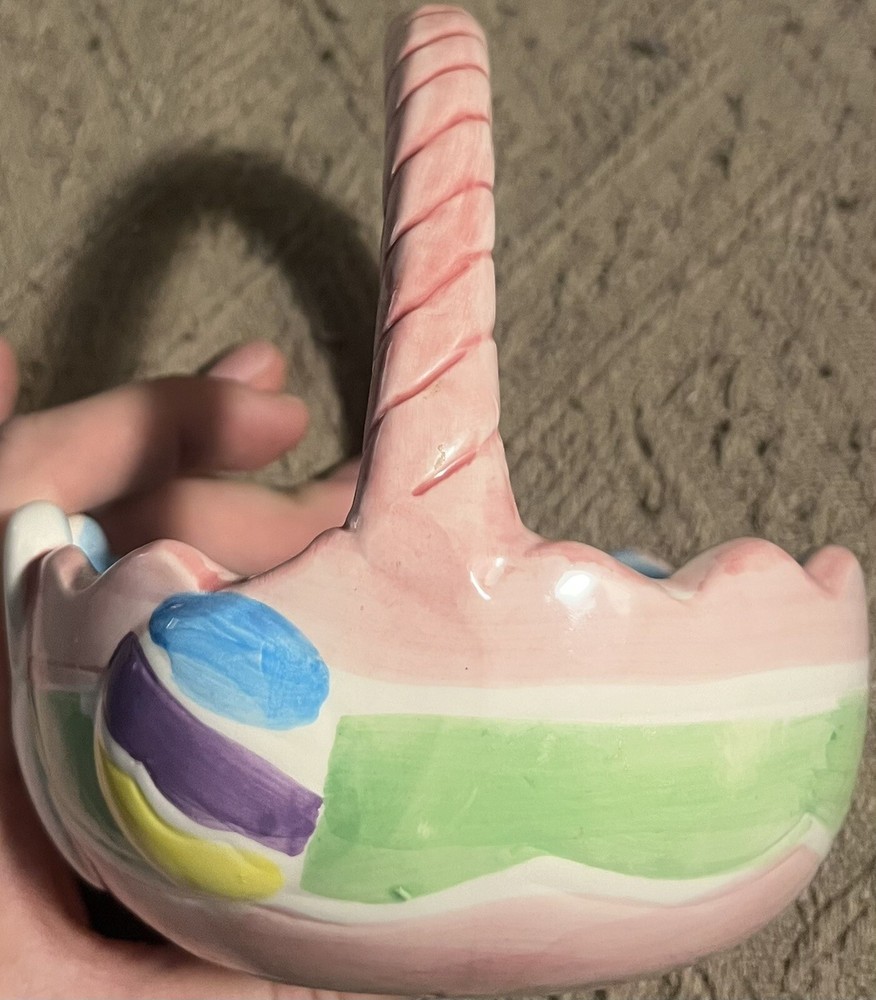 4.5” Hand Painted Pastel Ceramic Easter Basket Candy Dish Rabbit Egg Decoration